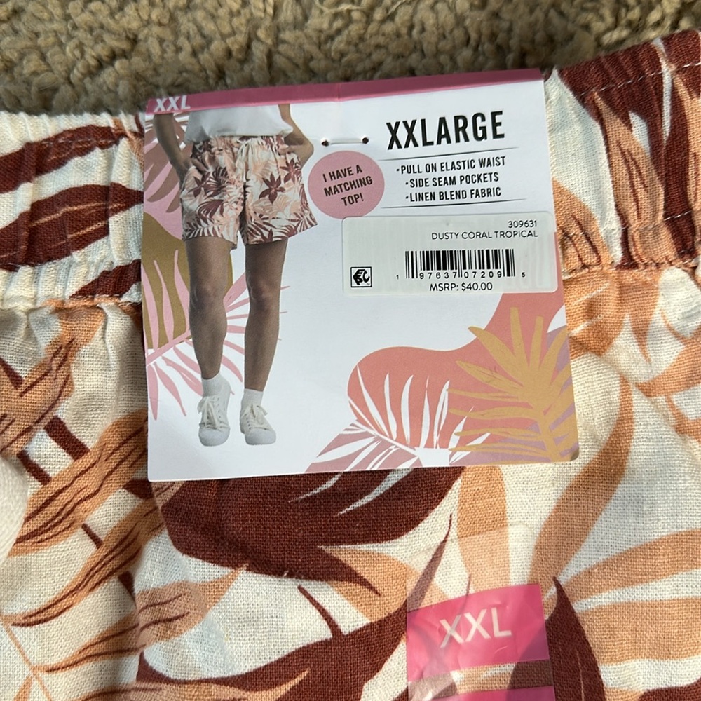 Coastal Comfort Pink Tropical Print Linen Blend Shorts - Picture 4 of 7